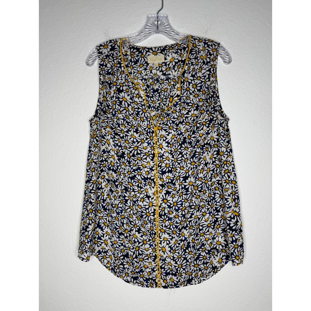 ModCloth Womens Large Daisy Floral Sleeveless Blouse Blue Yellow V-Neck Top